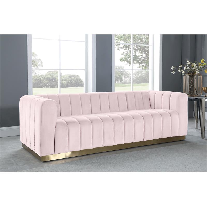 Maklaine Contemporary Velvet/Stainless Steel Sofa in Pink/Brushed Gold