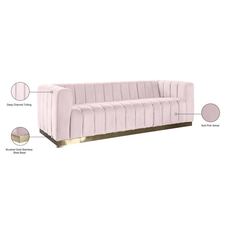 Maklaine Contemporary Velvet/Stainless Steel Sofa in Pink/Brushed Gold