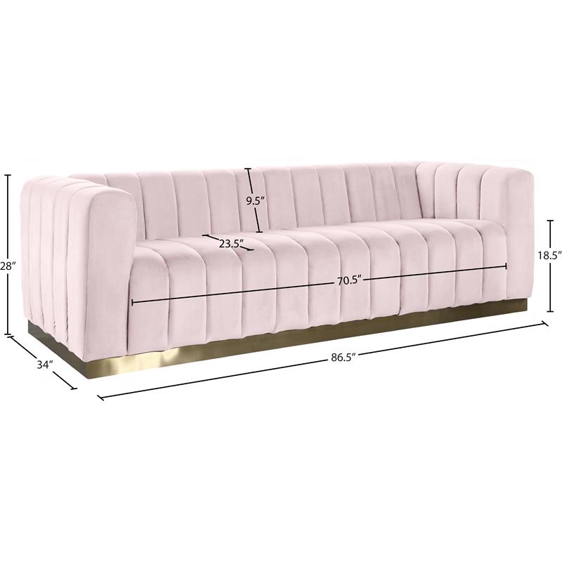 Maklaine Contemporary Velvet/Stainless Steel Sofa in Pink/Brushed Gold