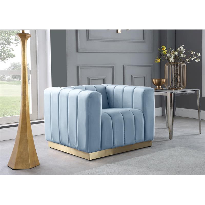 Maklaine Contemporary Velvet/Stainless Steel Chair in Sky Blue/Brushed Gold