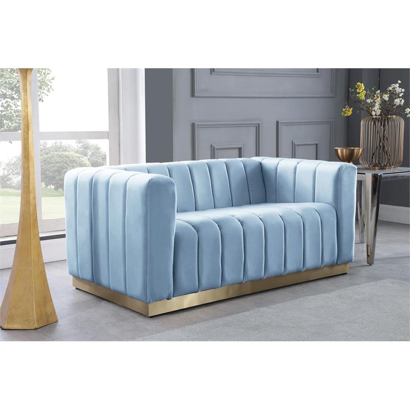Maklaine Contemporary Velvet/Stainless Steel Loveseat in Sky Blue/Brushed Gold
