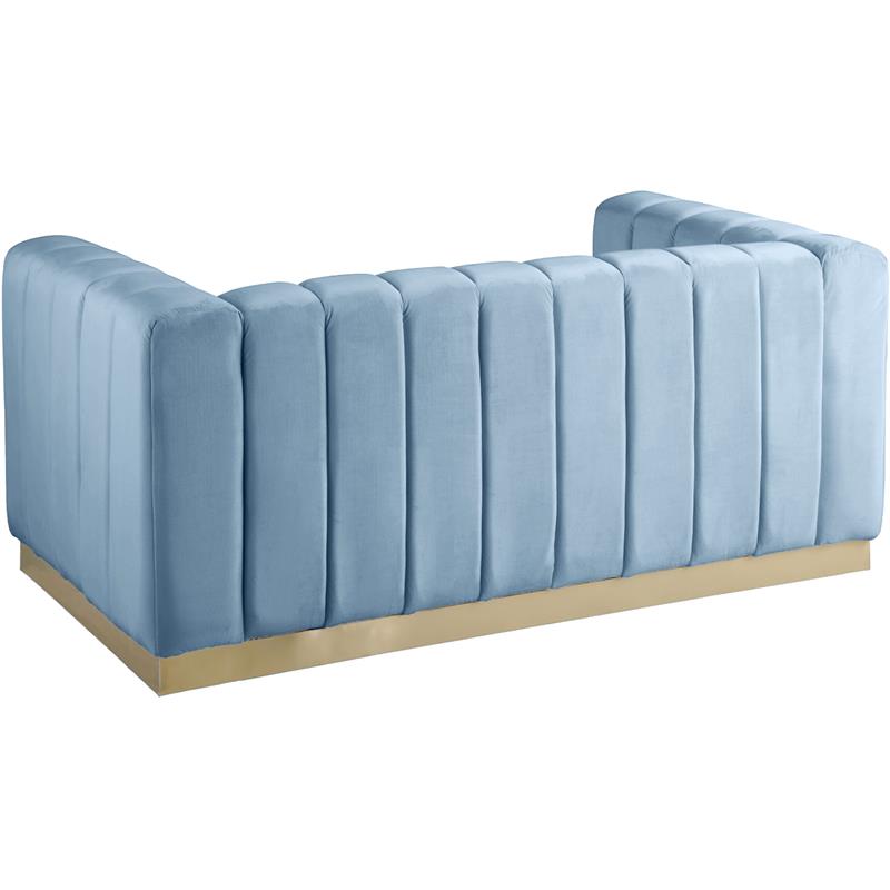 Maklaine Contemporary Velvet/Stainless Steel Loveseat in Sky Blue/Brushed Gold