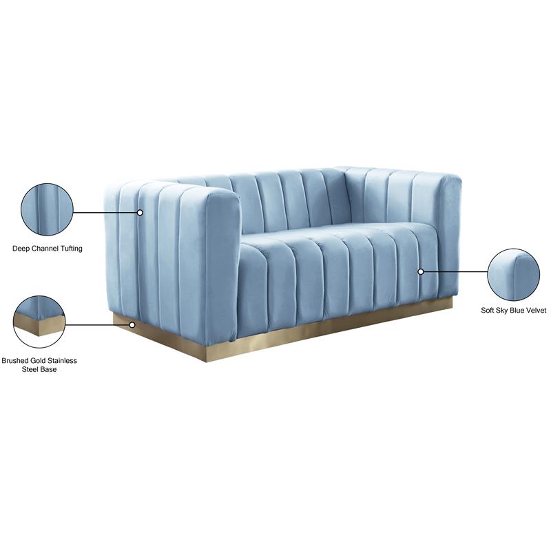 Maklaine Contemporary Velvet/Stainless Steel Loveseat in Sky Blue/Brushed Gold