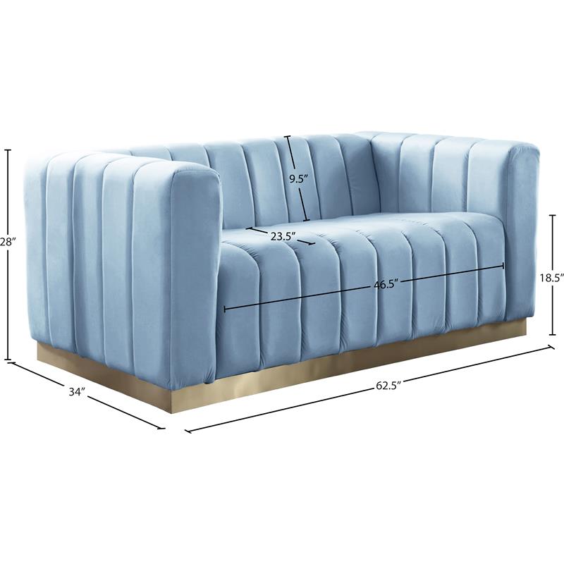 Maklaine Contemporary Velvet/Stainless Steel Loveseat in Sky Blue/Brushed Gold