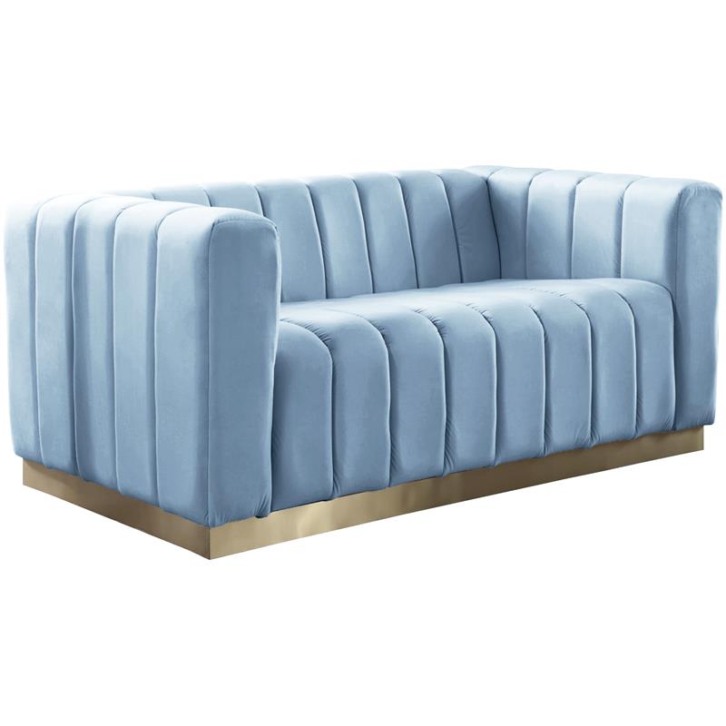 Maklaine Contemporary Velvet/Stainless Steel Loveseat in Sky Blue/Brushed Gold