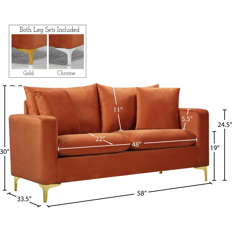 Maklaine Contemporary Upholstery Cognac Velvet Loveseat