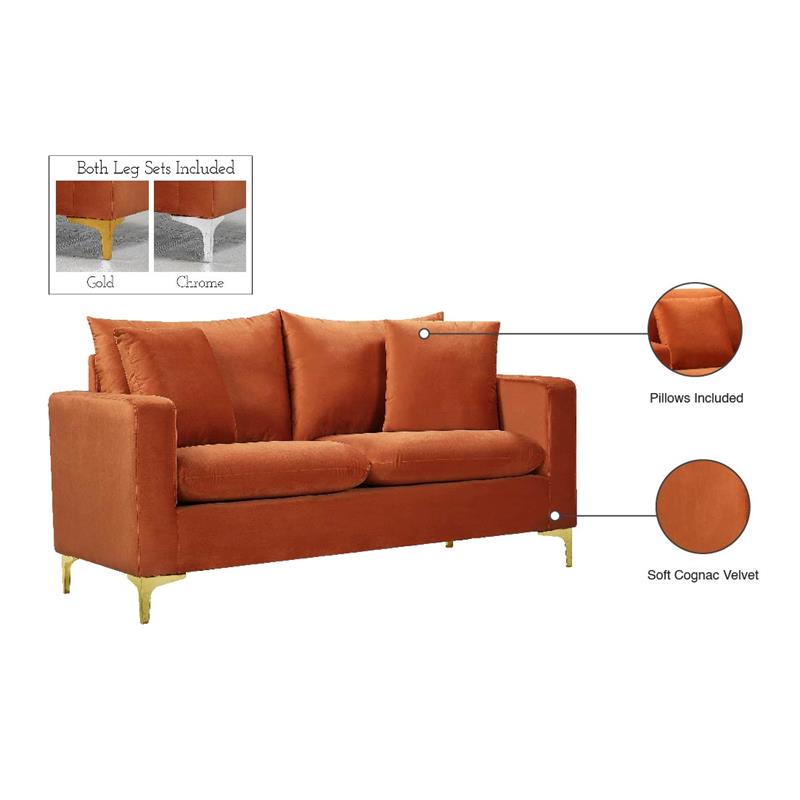 Maklaine Contemporary Upholstery Cognac Velvet Loveseat