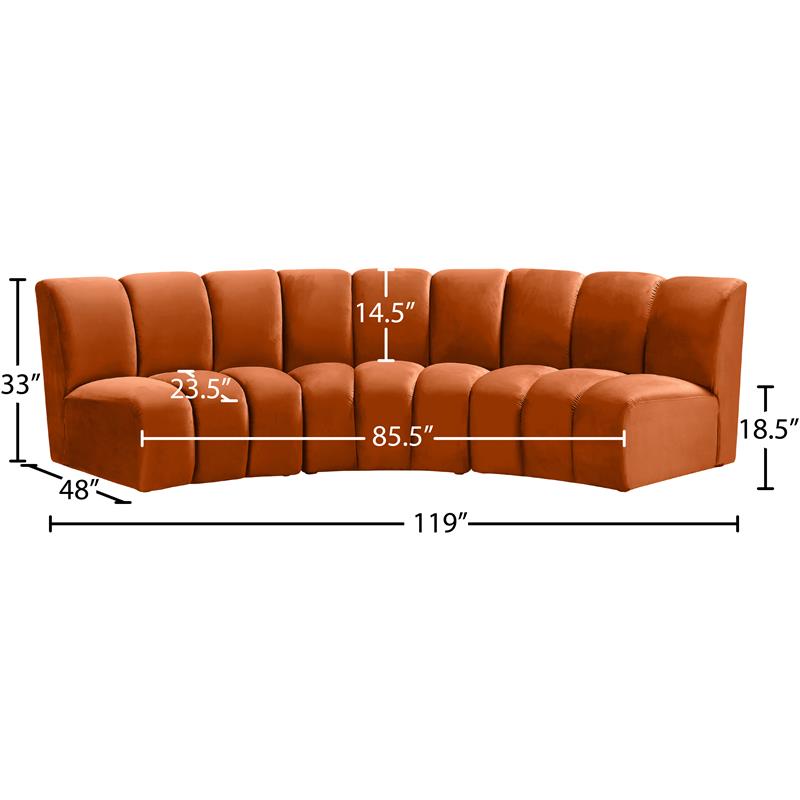 Maklaine 3-Piece Contemporary Velvet Modular Sectional in Mahogany