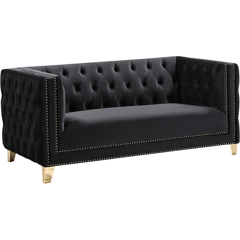 Maklaine Upholstery Contemporary Velvet and Iron Loveseat in Black