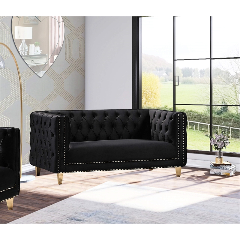 Maklaine Upholstery Contemporary Velvet and Iron Loveseat in Black