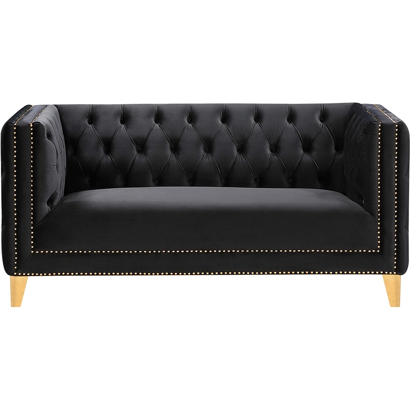 Maklaine Upholstery Contemporary Velvet and Iron Loveseat in Black