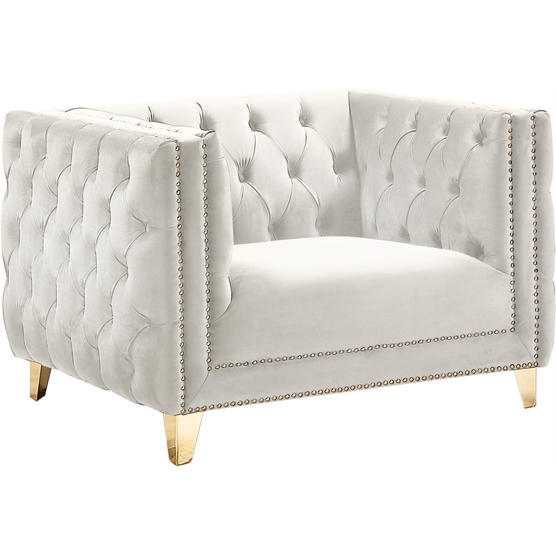 Maklaine Upholstery Contemporary Velvet and Iron Chair in Cream