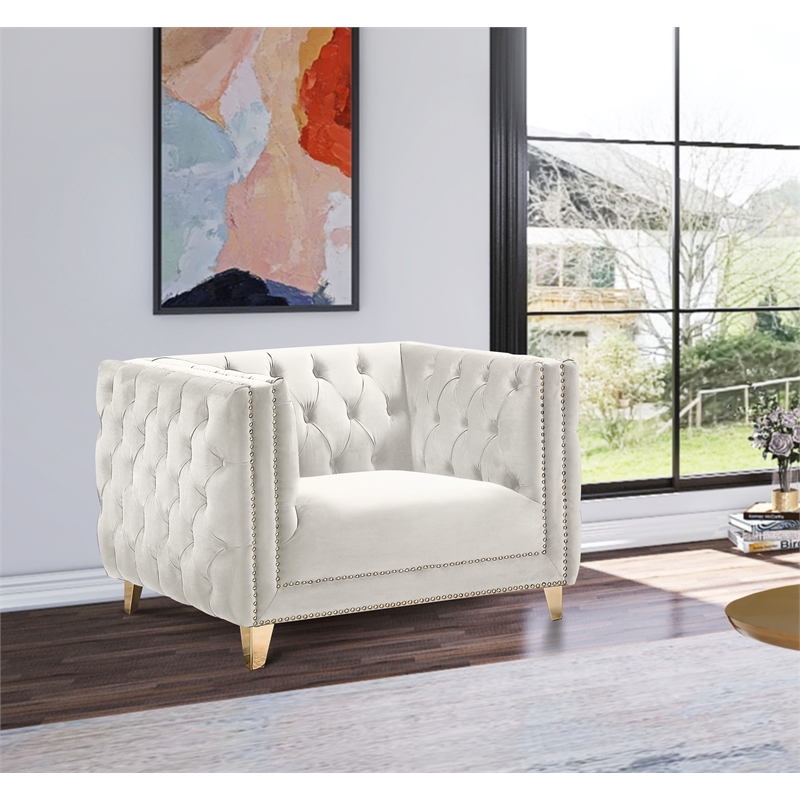 Maklaine Upholstery Contemporary Velvet and Iron Chair in Cream