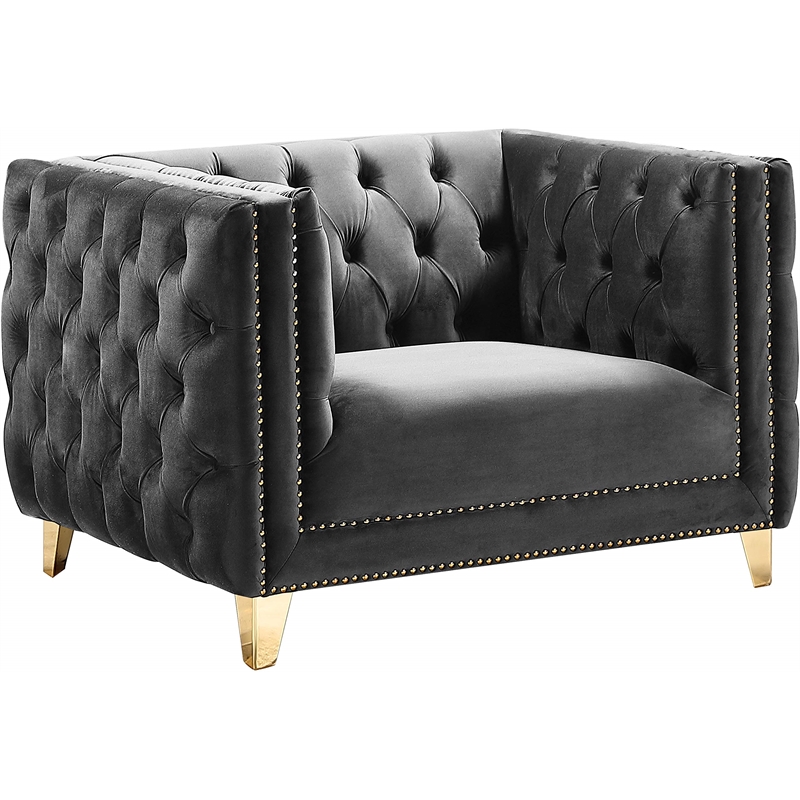 Maklaine Upholstery Contemporary Velvet and Iron Chair in Gray