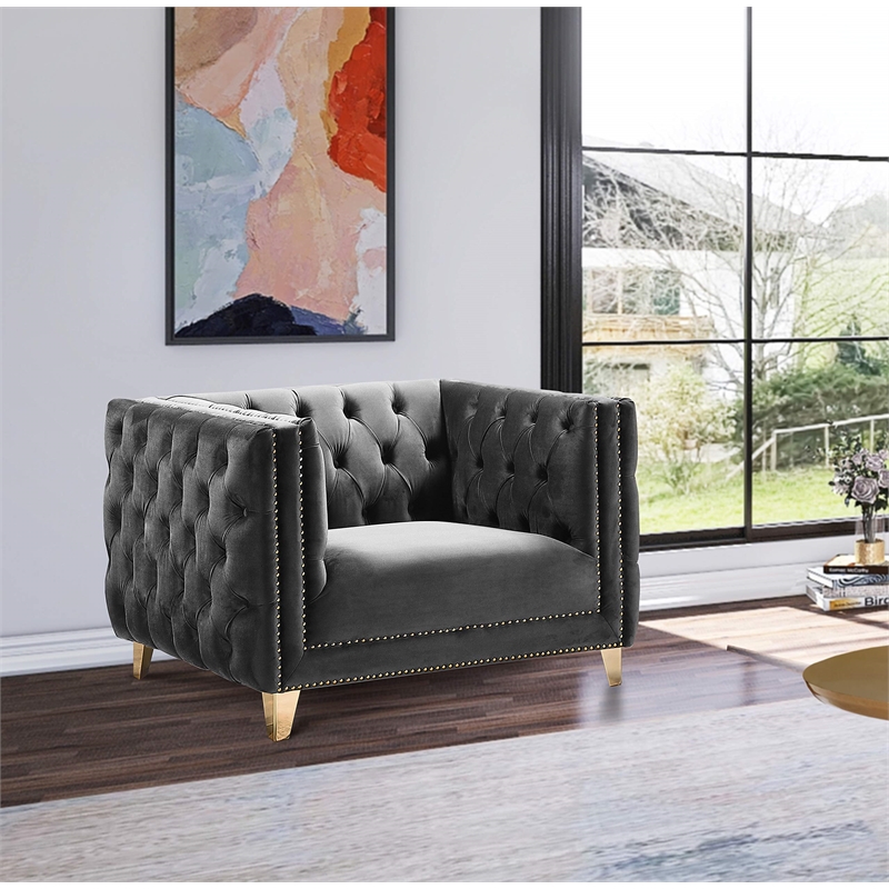 Maklaine Upholstery Contemporary Velvet and Iron Chair in Gray