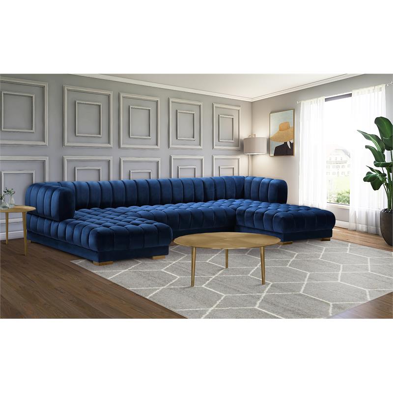 Maklaine 3-Piece Contemporary Velvet Sectional with Metal Legs in Soft Navy