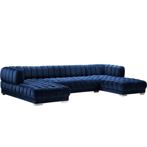 Maklaine 3-Piece Contemporary Velvet Sectional with Metal Legs in Soft Navy