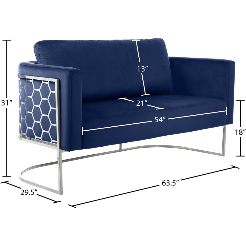 Maklaine Contemporary Velvet Upholstered Loveseat in Soft Navy/Chrome
