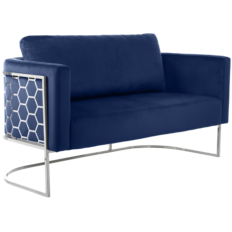 Maklaine Contemporary Velvet Upholstered Loveseat in Soft Navy/Chrome