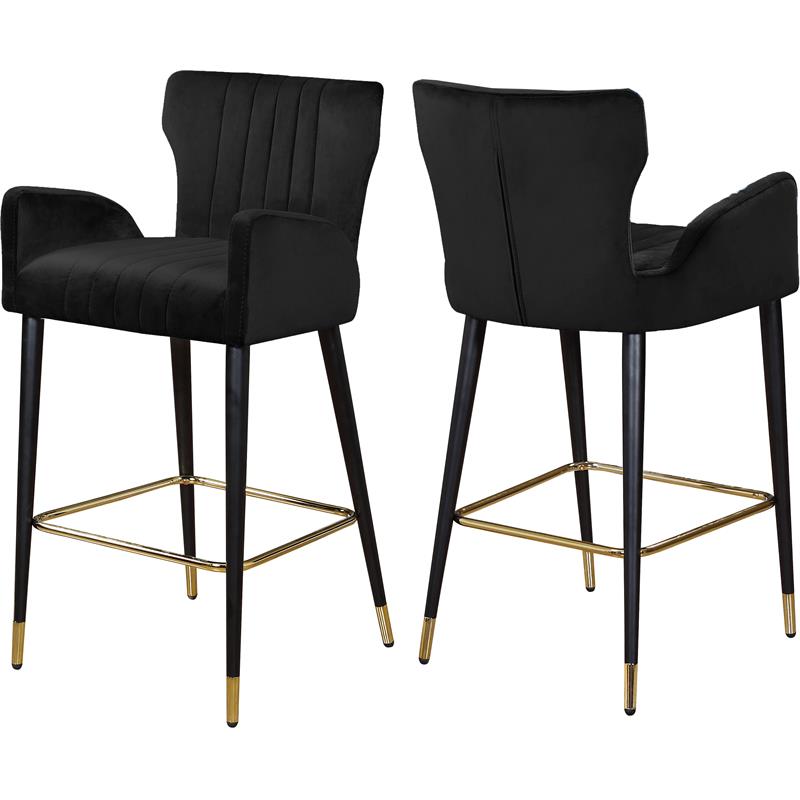 Maklaine Velvet Bar Stool Chair Set of 2 in Black - Semi-circle Seat & Footrest
