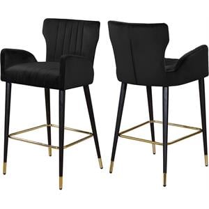Maklaine Velvet Bar Stool Chair Set of 2 in Black - Semi-circle Seat & Footrest