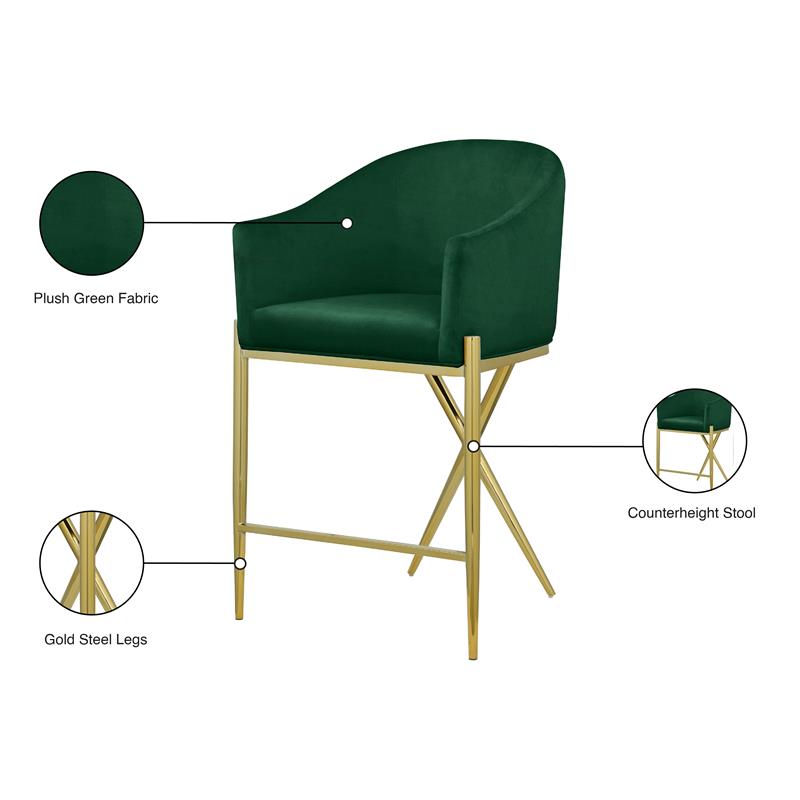 Maklaine Contemporary Velvet Counter Stool in Rich Green/Gold