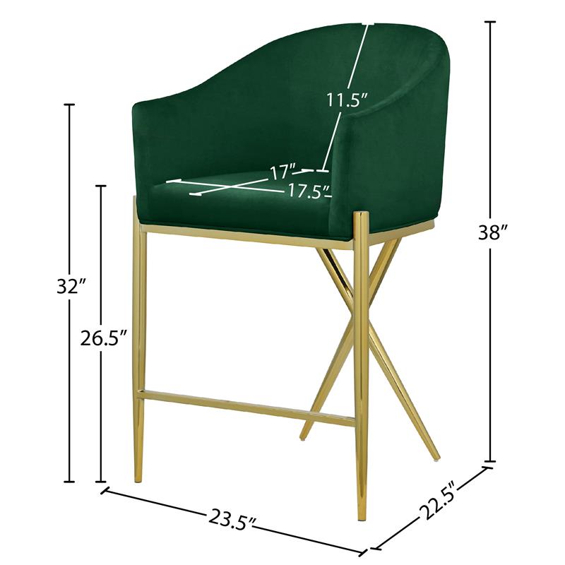 Maklaine Contemporary Velvet Counter Stool in Rich Green/Gold