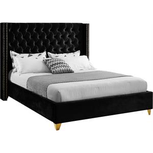 Maklaine Contemporary Upholstery Black Velvet Queen Bed