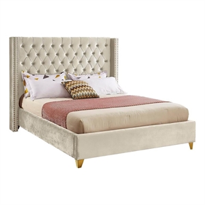 Maklaine Velvet Cream Queen Bed Wing Design Deep Tufted 56&quotH x 72&quotW x 86&quotD Unassembled