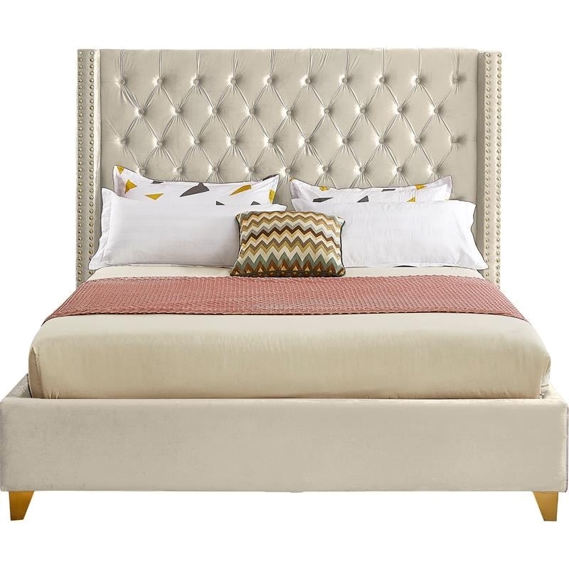 Maklaine Velvet Cream Queen Bed Wing Design Deep Tufted 56