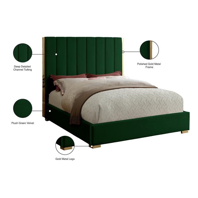 Maklaine Contemporary Metal and Velvet Full Bed in Green