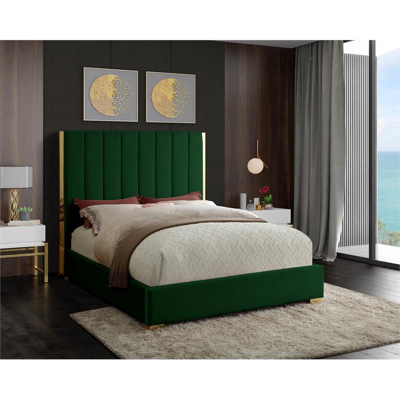 Maklaine Contemporary Metal and Velvet Queen Bed in Green