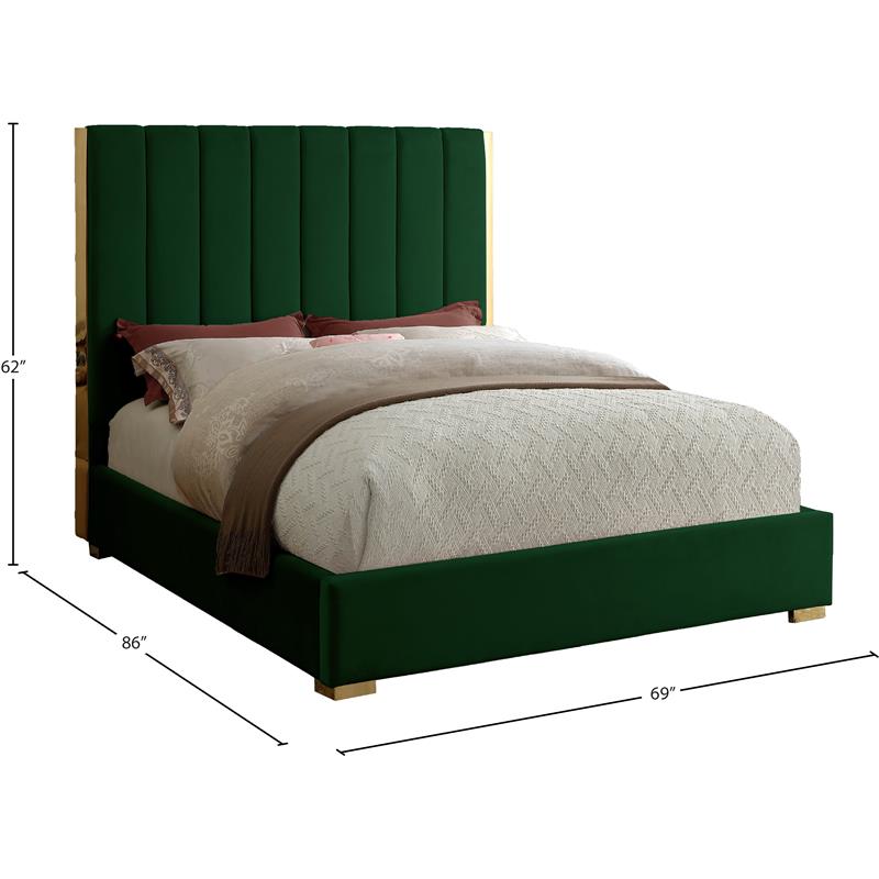 Maklaine Contemporary Metal and Velvet Queen Bed in Green
