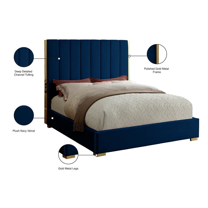 Maklaine Contemporary Metal and Velvet Full Bed in Navy