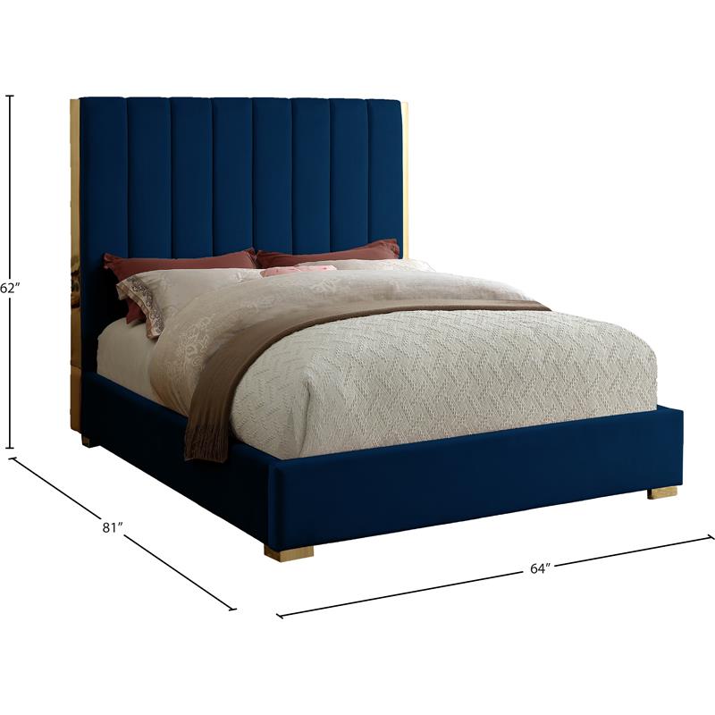 Maklaine Contemporary Metal and Velvet Full Bed in Navy
