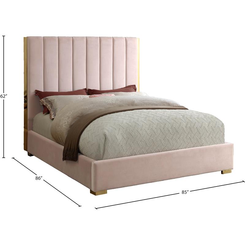 Maklaine Contemporary Metal and Velvet King Bed in Pink