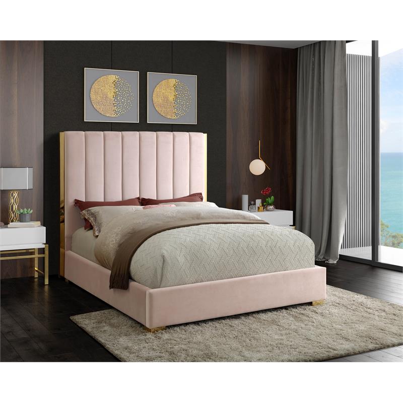 Maklaine Contemporary Metal and Velvet Queen Bed in Pink