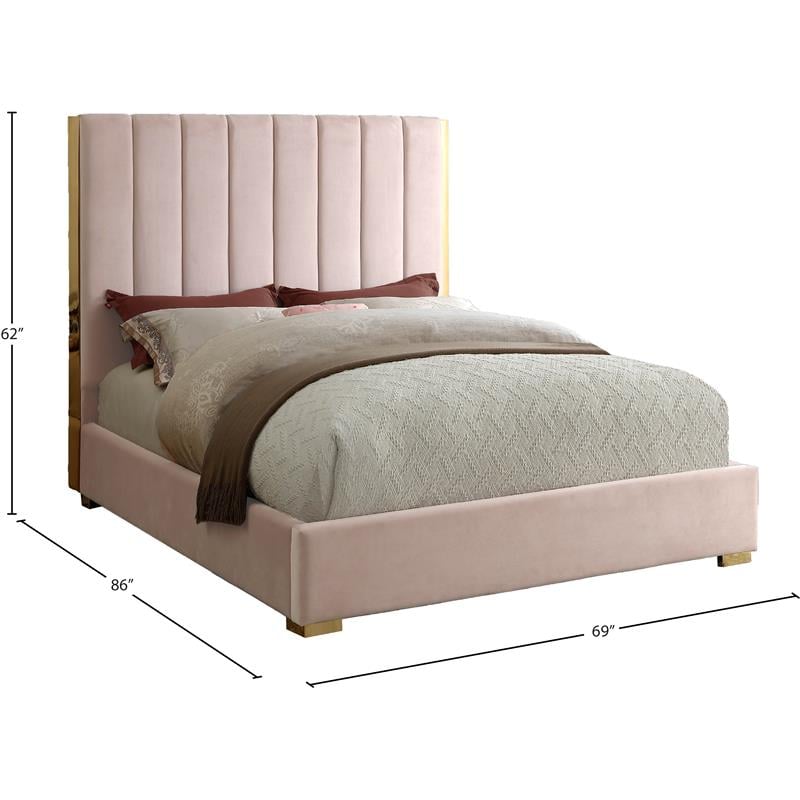 Maklaine Contemporary Metal and Velvet Queen Bed in Pink