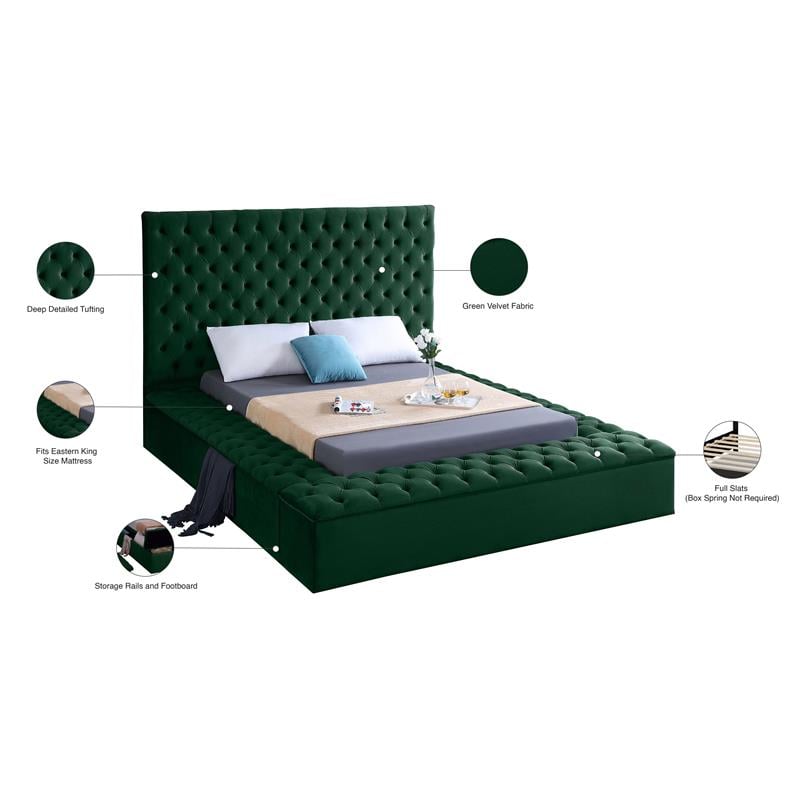 Maklaine Contemporary Solid Wood Tufted Velvet King Bed in Green