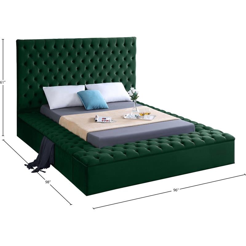 Maklaine Contemporary Solid Wood Tufted Velvet King Bed in Green
