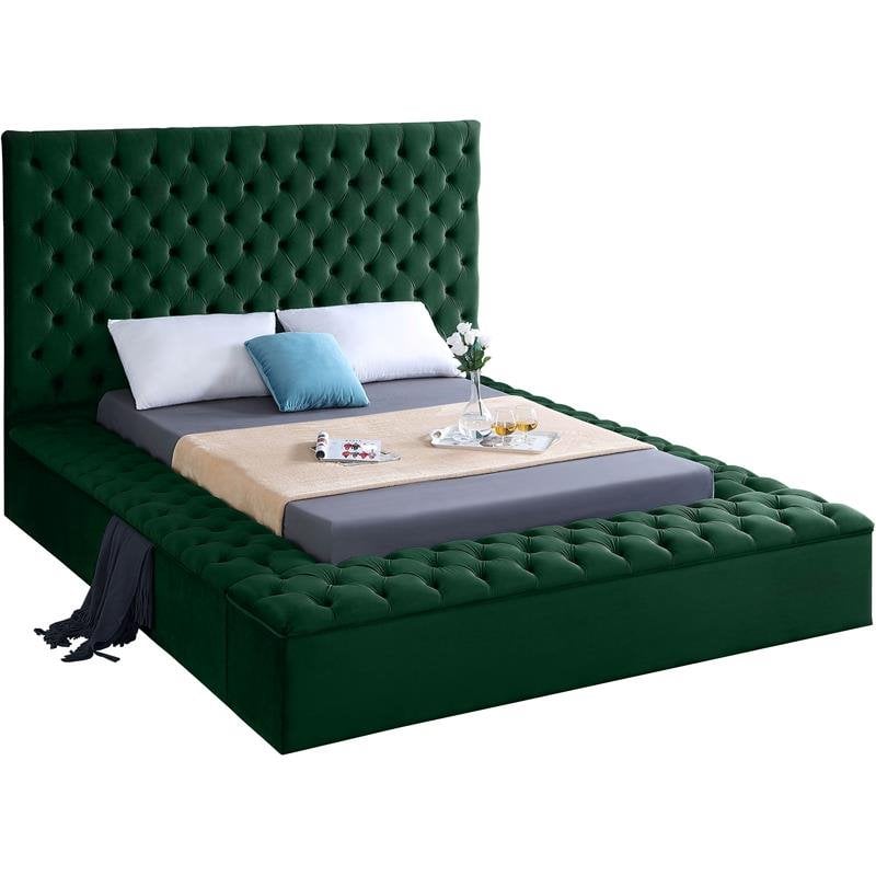 Maklaine Contemporary Solid Wood Tufted Velvet King Bed in Green