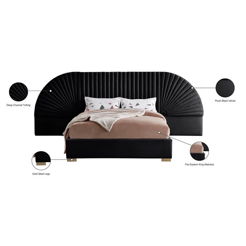 Maklaine Contemporary Upholstery Black Velvet King Bed