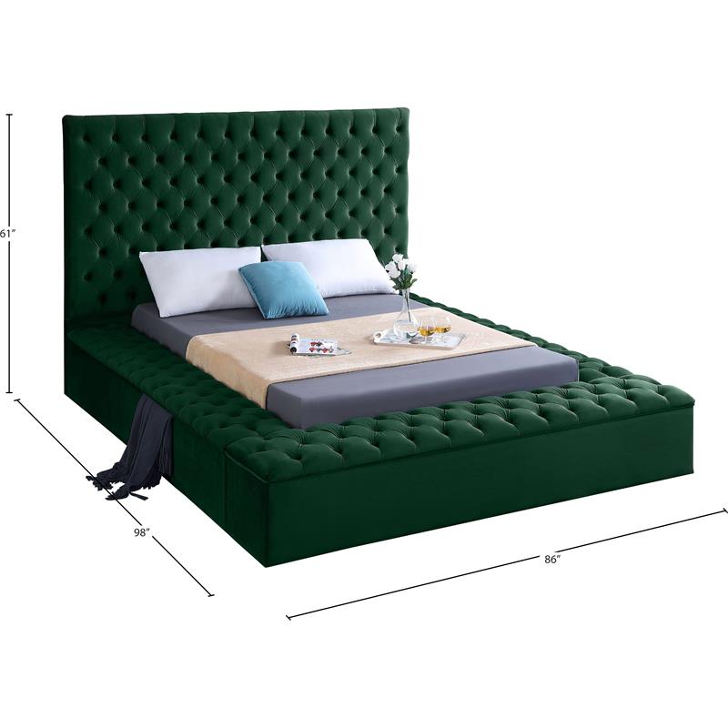 Maklaine Contemporary Solid Wood Tufted Velvet Queen Bed in Green
