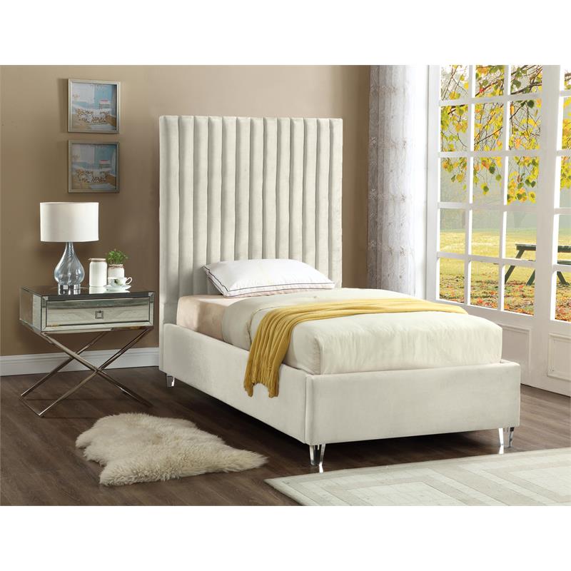 Maklaine Contemporary Upholstery Cream Velvet Twin Bed