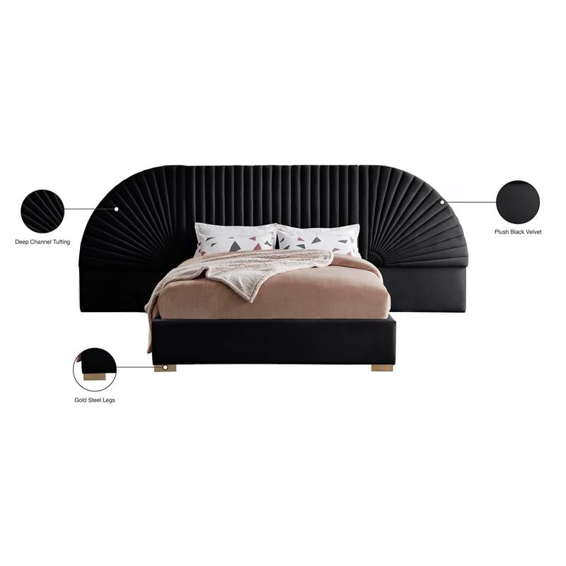 Maklaine Contemporary Upholstery Black Velvet Queen Bed