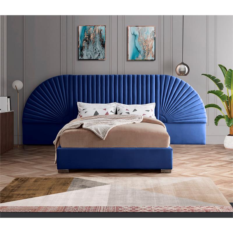 Maklaine Contemporary Upholstery Navy Velvet Queen Bed