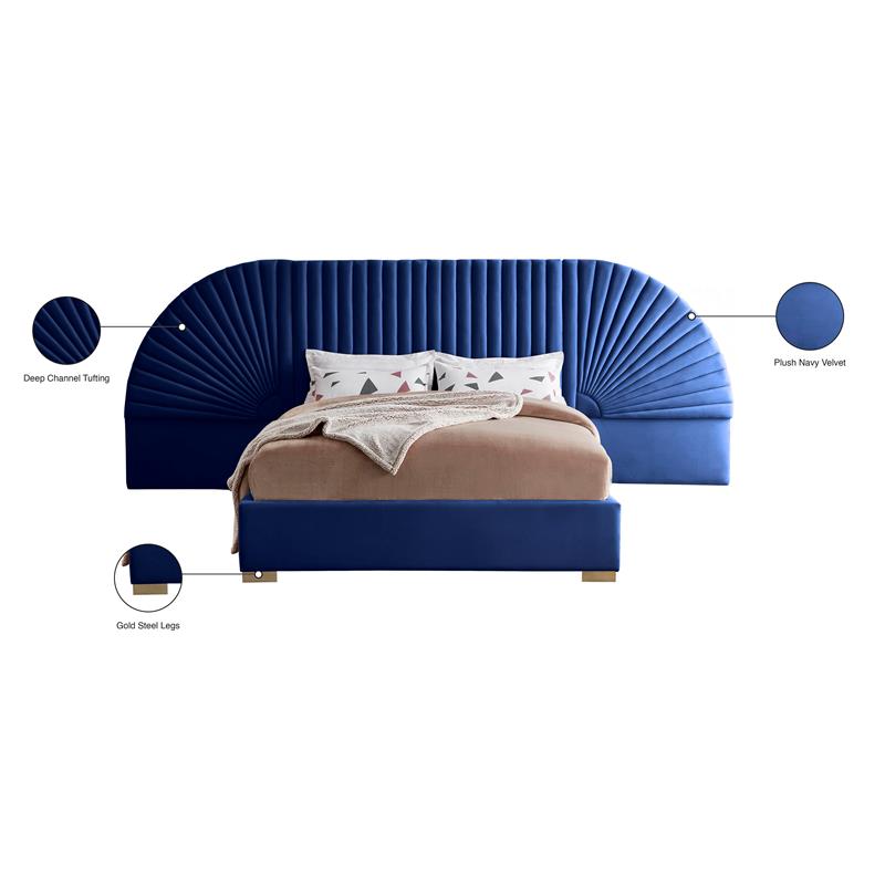 Maklaine Contemporary Upholstery Navy Velvet Queen Bed