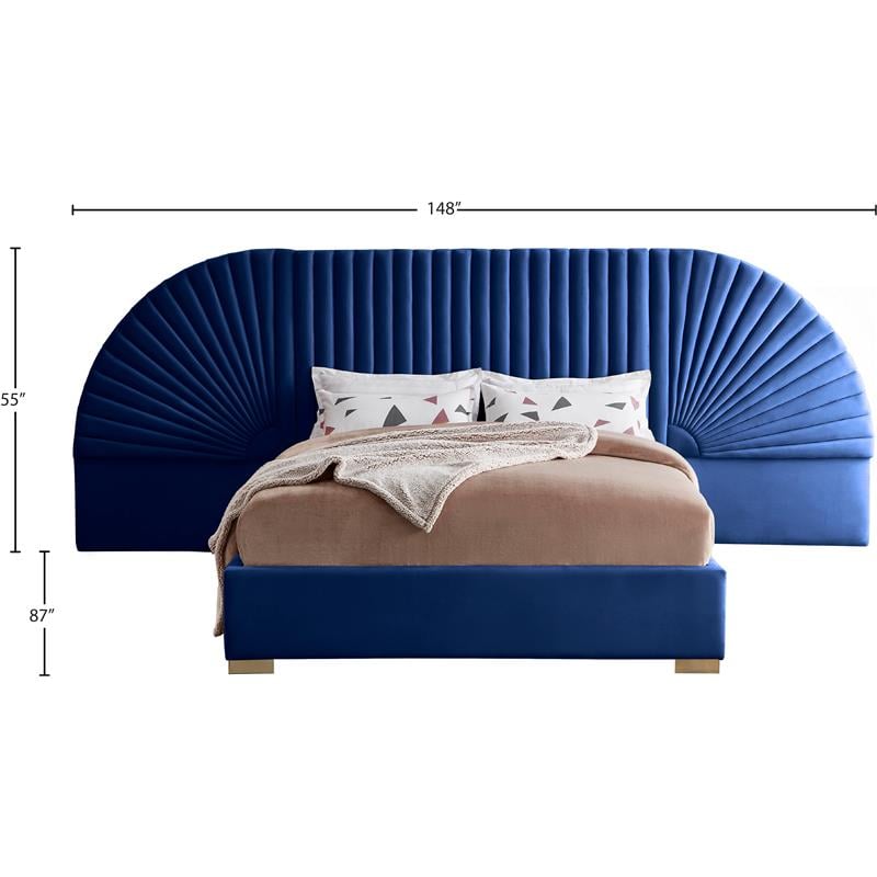 Maklaine Contemporary Upholstery Navy Velvet Queen Bed
