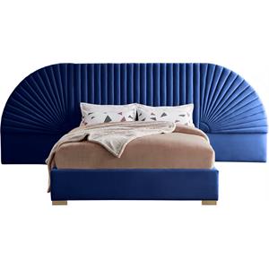 Maklaine Contemporary Upholstery Navy Velvet Queen Bed
