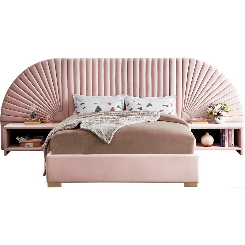 Maklaine Contemporary Upholstery Pink Velvet King Bed